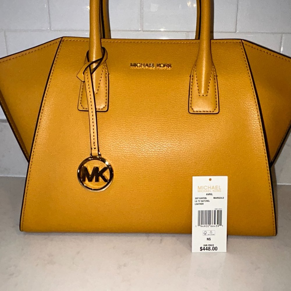 Michael Kors Avril Large Leather Top Zip Satchel in Marigold